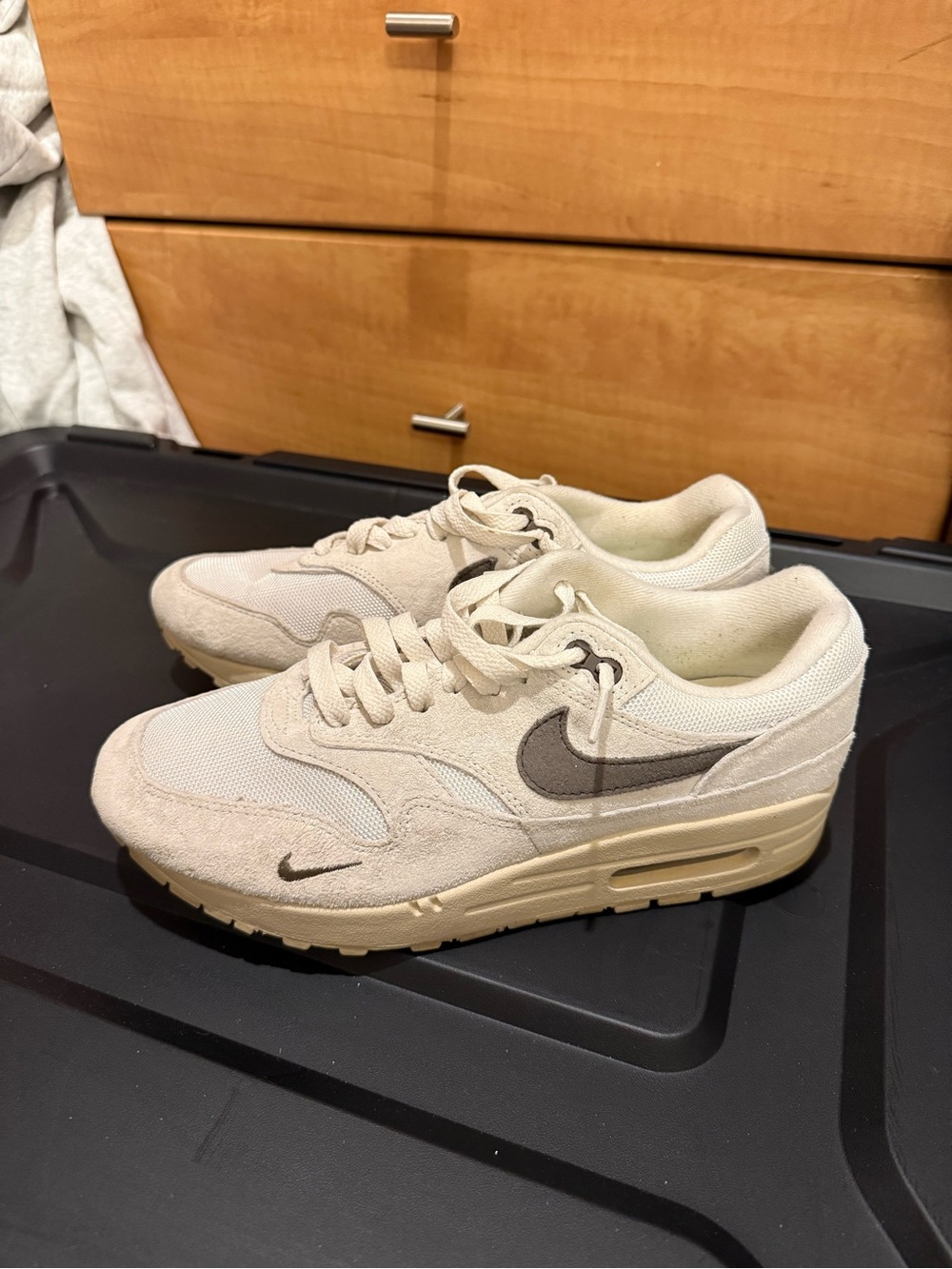 Nike Women’s Beige/Cream Suede & Mesh Sneakers with Gray Swoosh